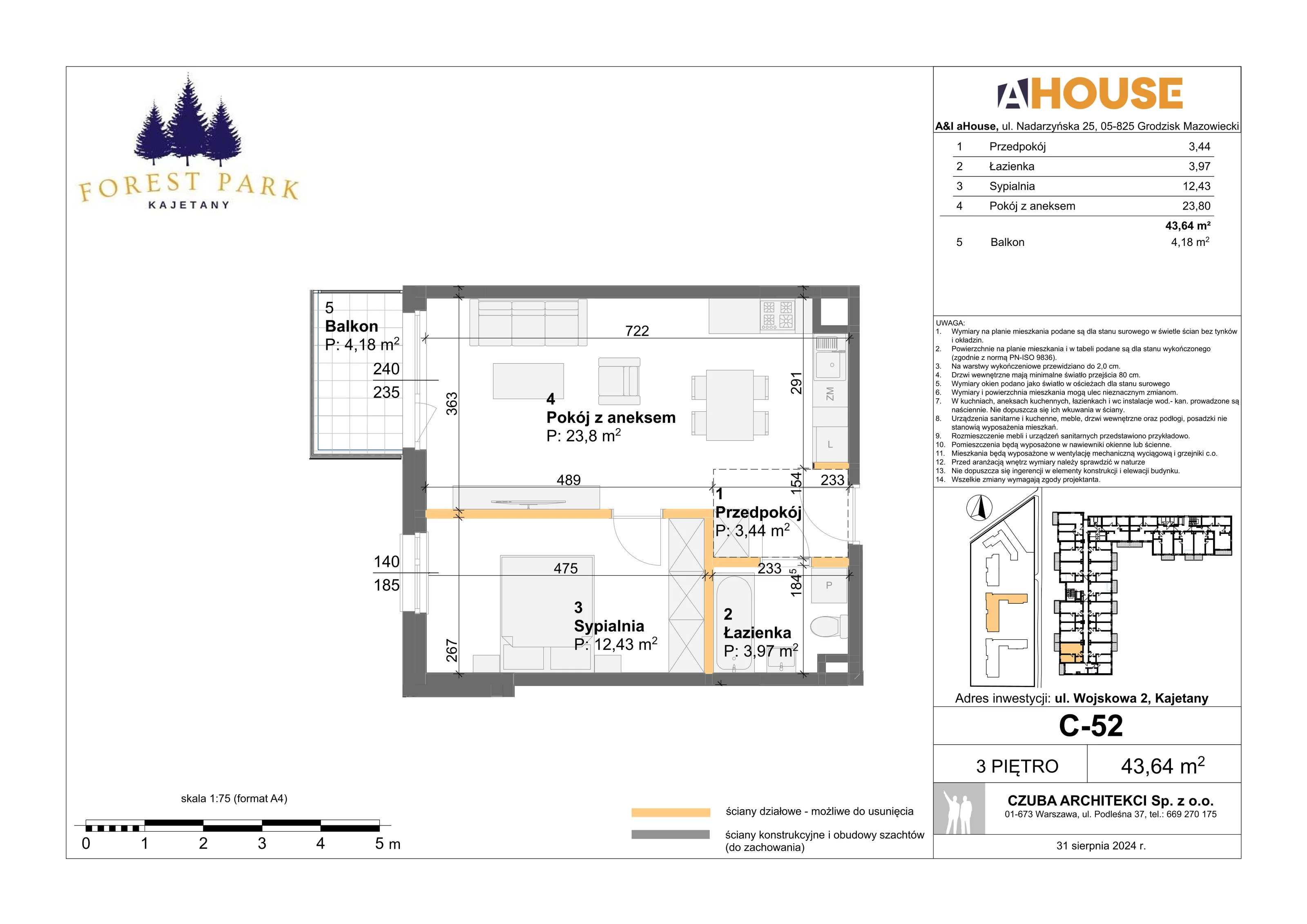 2 pokoje, mieszkanie 43,64 m², piętro 3, oferta nr C-52, Forest Park Kajetany, Kajetany, ul. Wojskowa 2